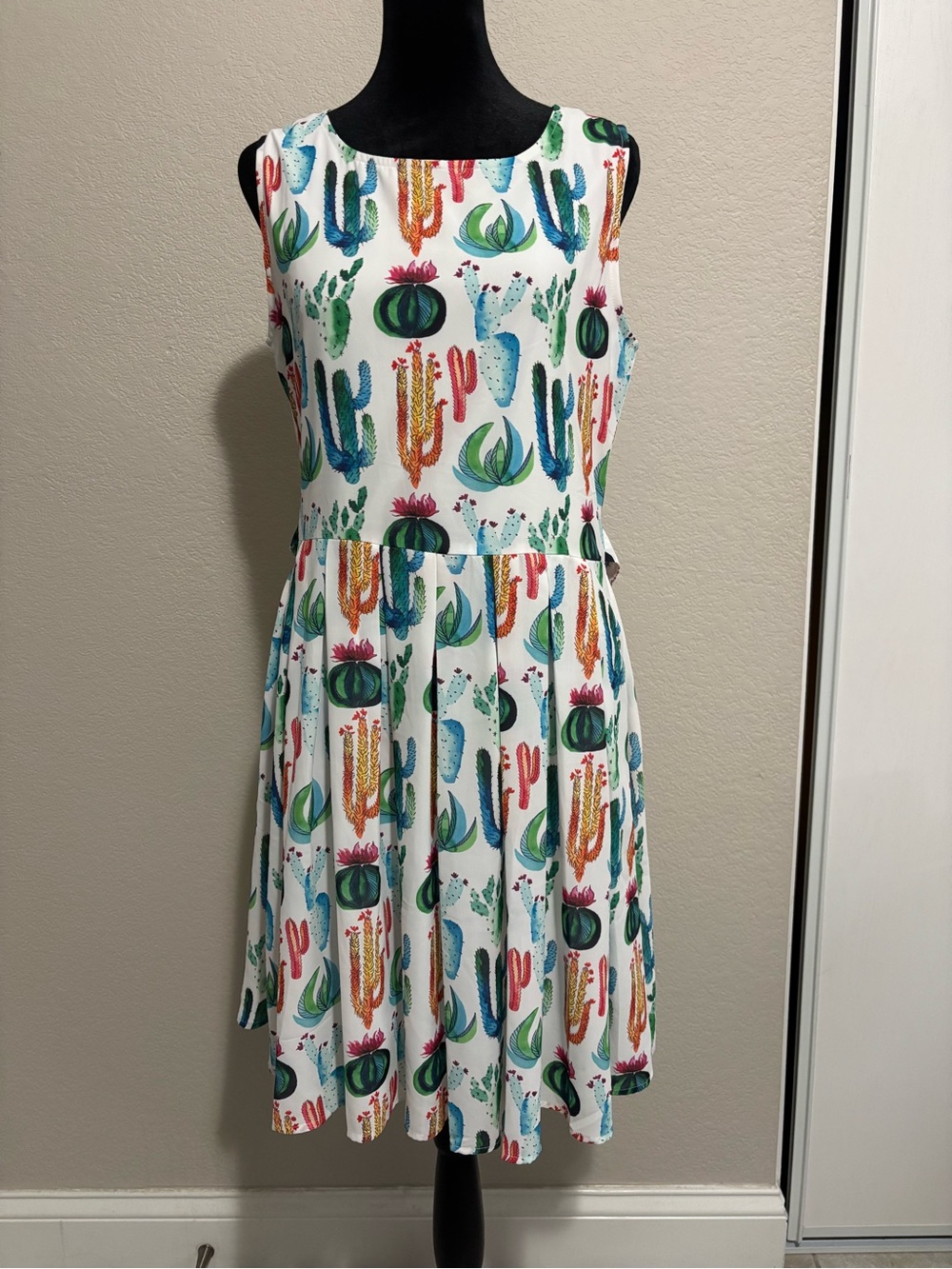 Sleeveless White Cactus Print Fit-and-Flare Mini Dress